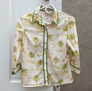 Odille Anthro cotton button down shirt with rabbit & lion spring time print